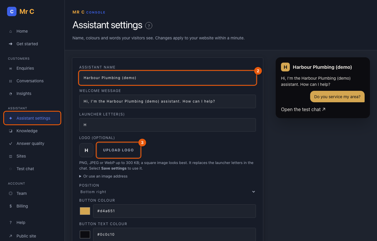 Assistant settings with the live preview