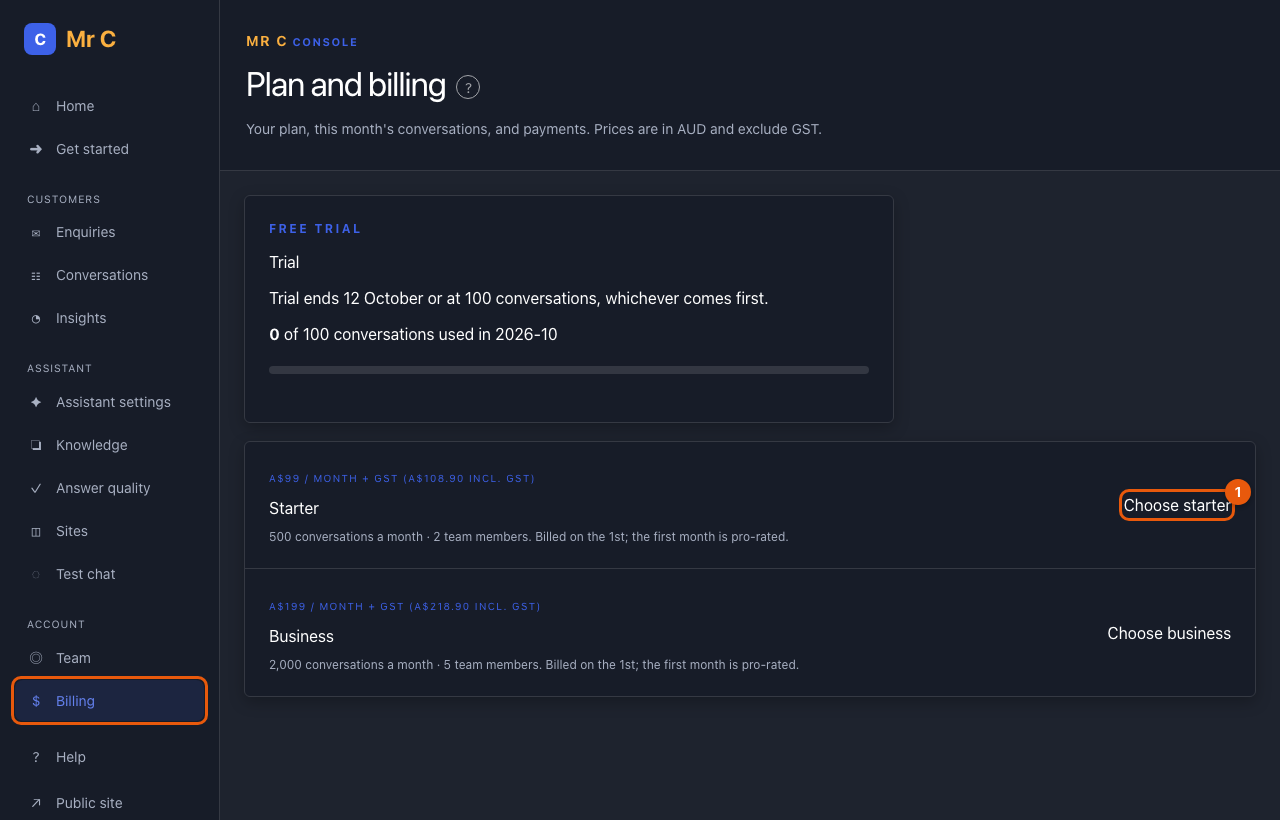 The Billing page with plan usage