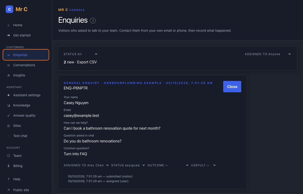 The enquiry inbox with an open enquiry