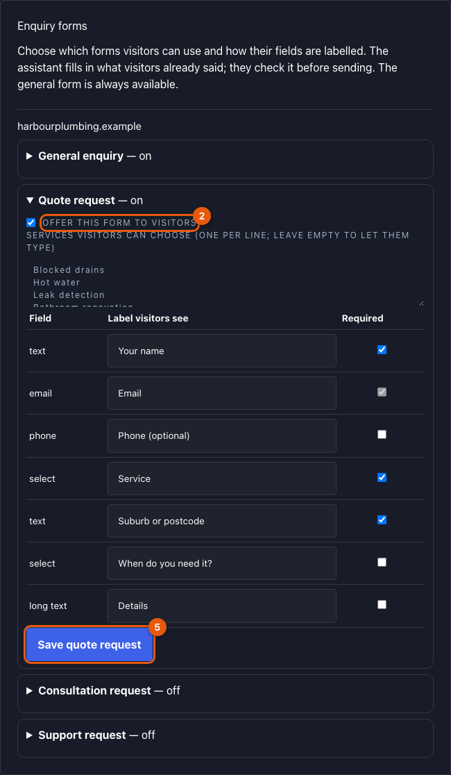 Enquiry forms with the Quote request open