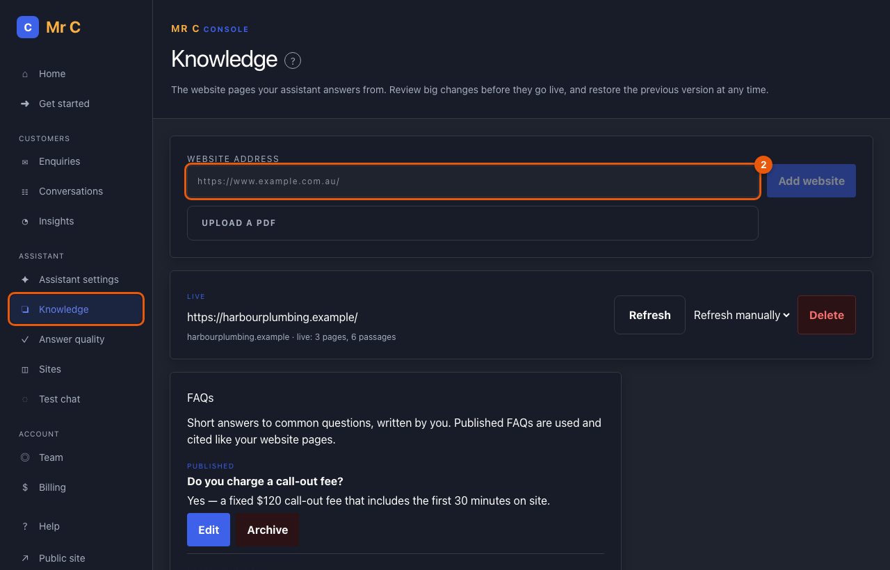 The Knowledge page with the Add website box