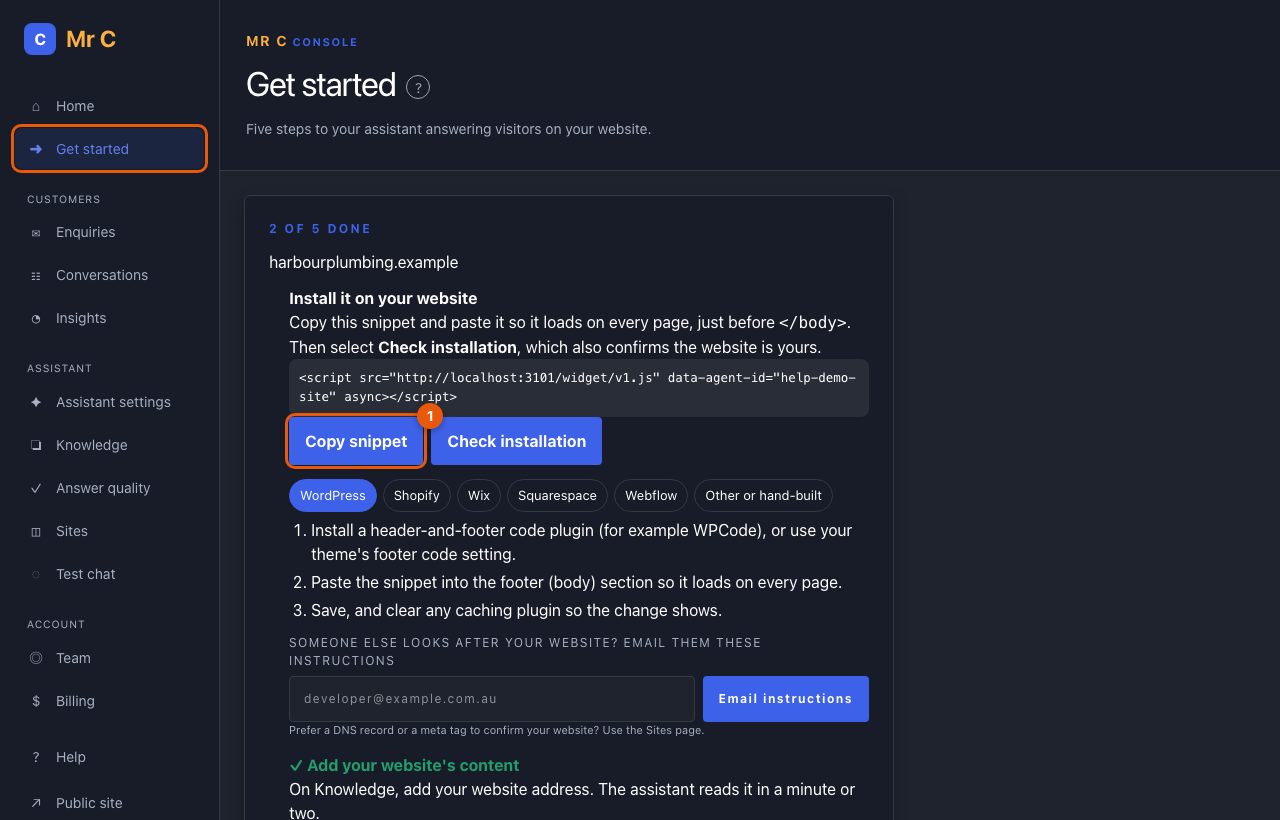 The Get started checklist with five steps