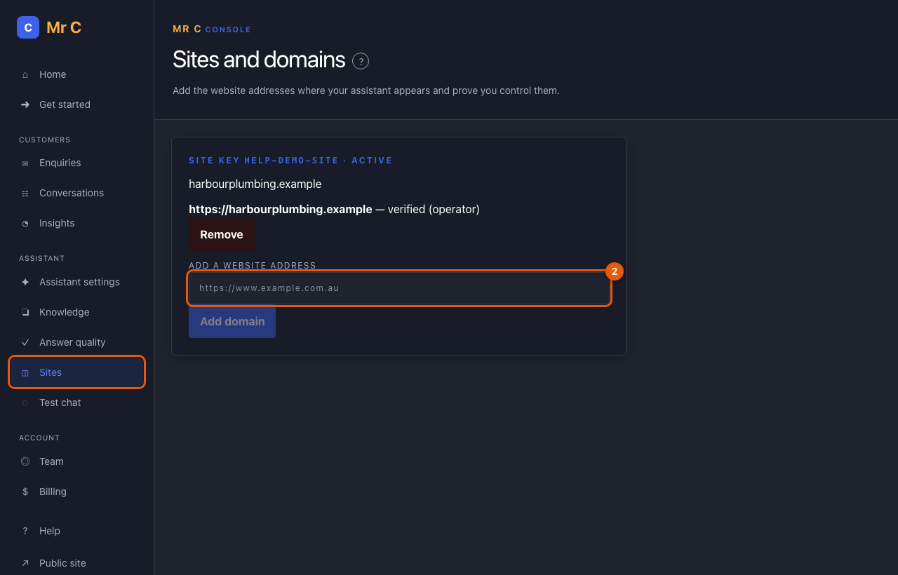 The Sites page with verification instructions