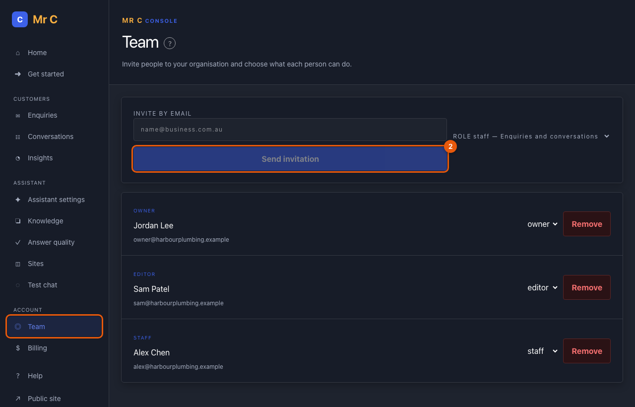 The Team page with the invite form